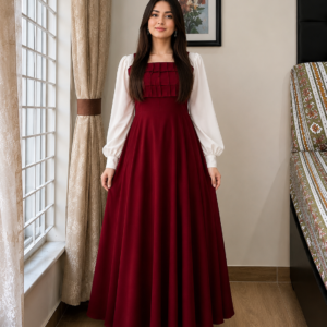 "Pleated Georgette Maxi with Contrast White Sleeves"
