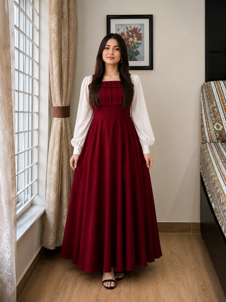 "Pleated Georgette Maxi with Contrast White Sleeves"