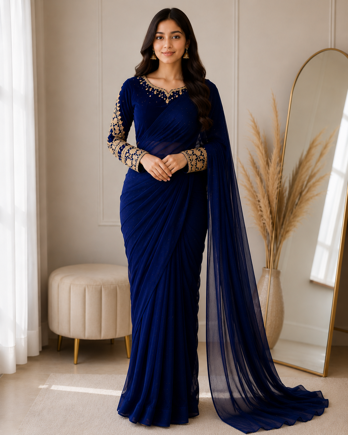 Royal Pearl Pleated Chiffon Saree - Image 2