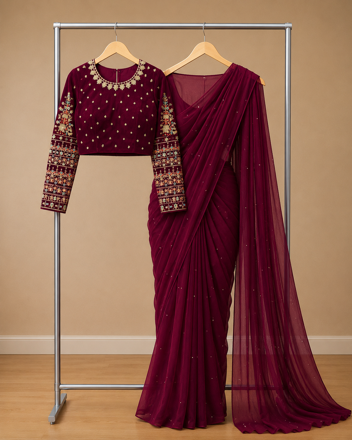 Royal Pearl Pleated Chiffon Saree - Image 6