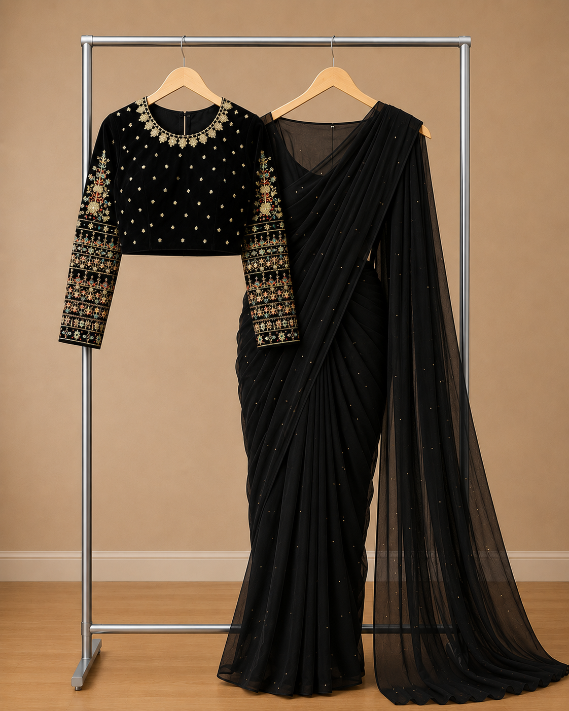 Royal Pearl Pleated Chiffon Saree - Image 4