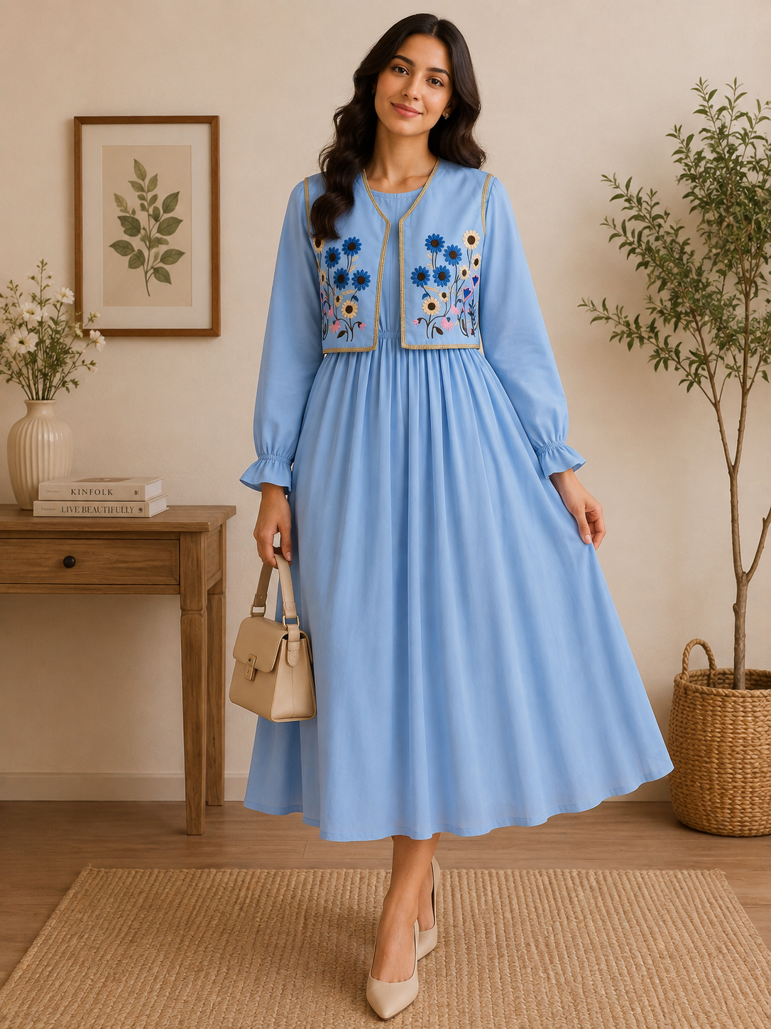 Floral Embroidered Layered Midi Dress Set - Image 4