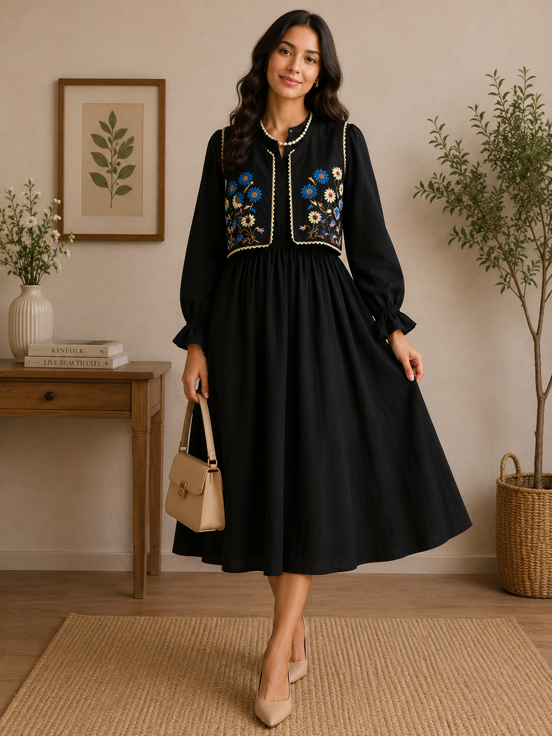 Floral Embroidered Layered Midi Dress Set - Image 3