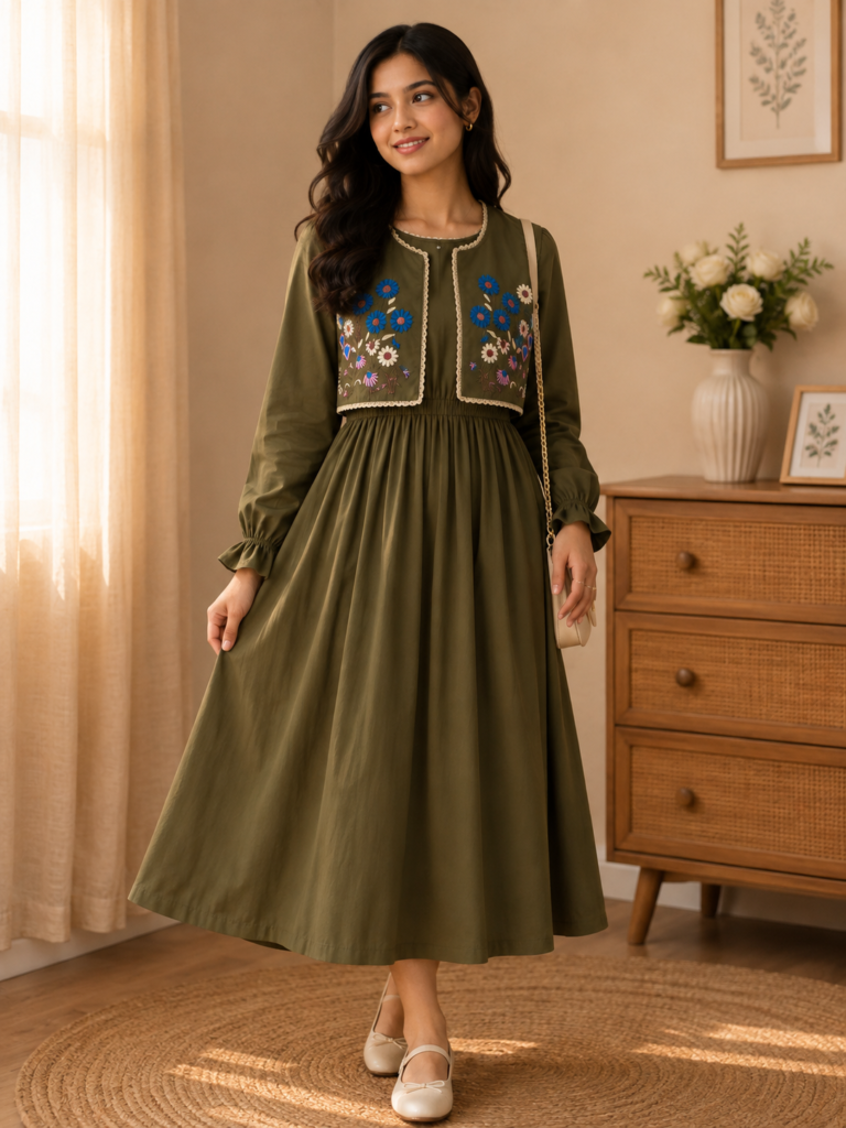 Floral Embroidered Layered Midi Dress Set