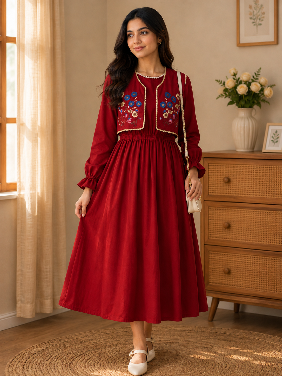 Floral Embroidered Layered Midi Dress Set - Image 2