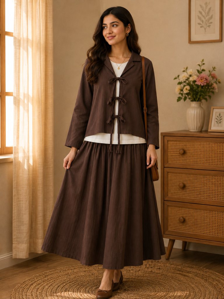 Premium Georgette Bow-Tie Co-Ord Set with Flared Maxi Skirt