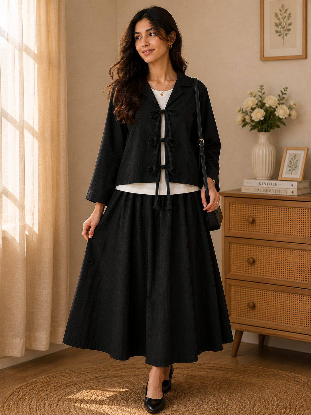 Premium Georgette Bow-Tie Co-Ord Set with Flared Maxi Skirt - Image 2