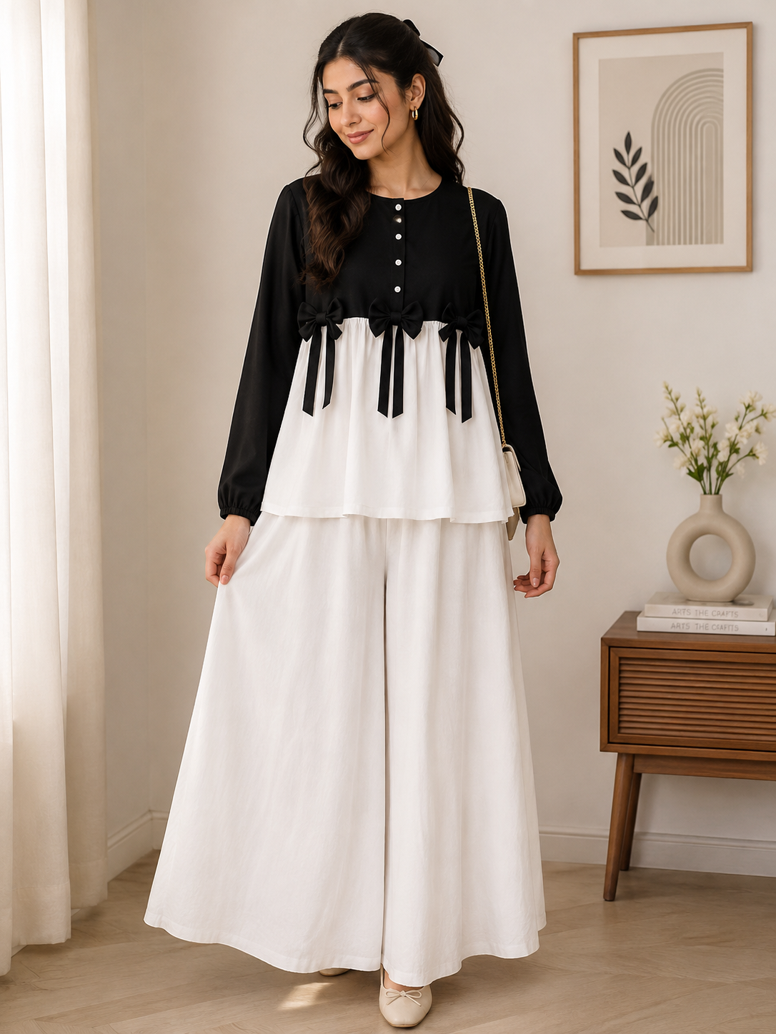 Cotton Airline Frock Shirt with Front Bow & Flapper 2-Piece Set - Image 2