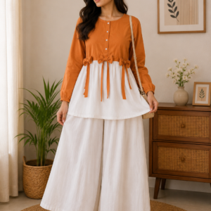 Cotton Airline Frock Shirt with Front Bow & Flapper 2-Piece Set