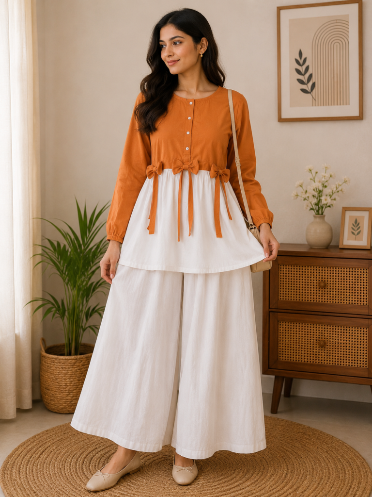 Cotton Airline Frock Shirt with Front Bow & Flapper 2-Piece Set