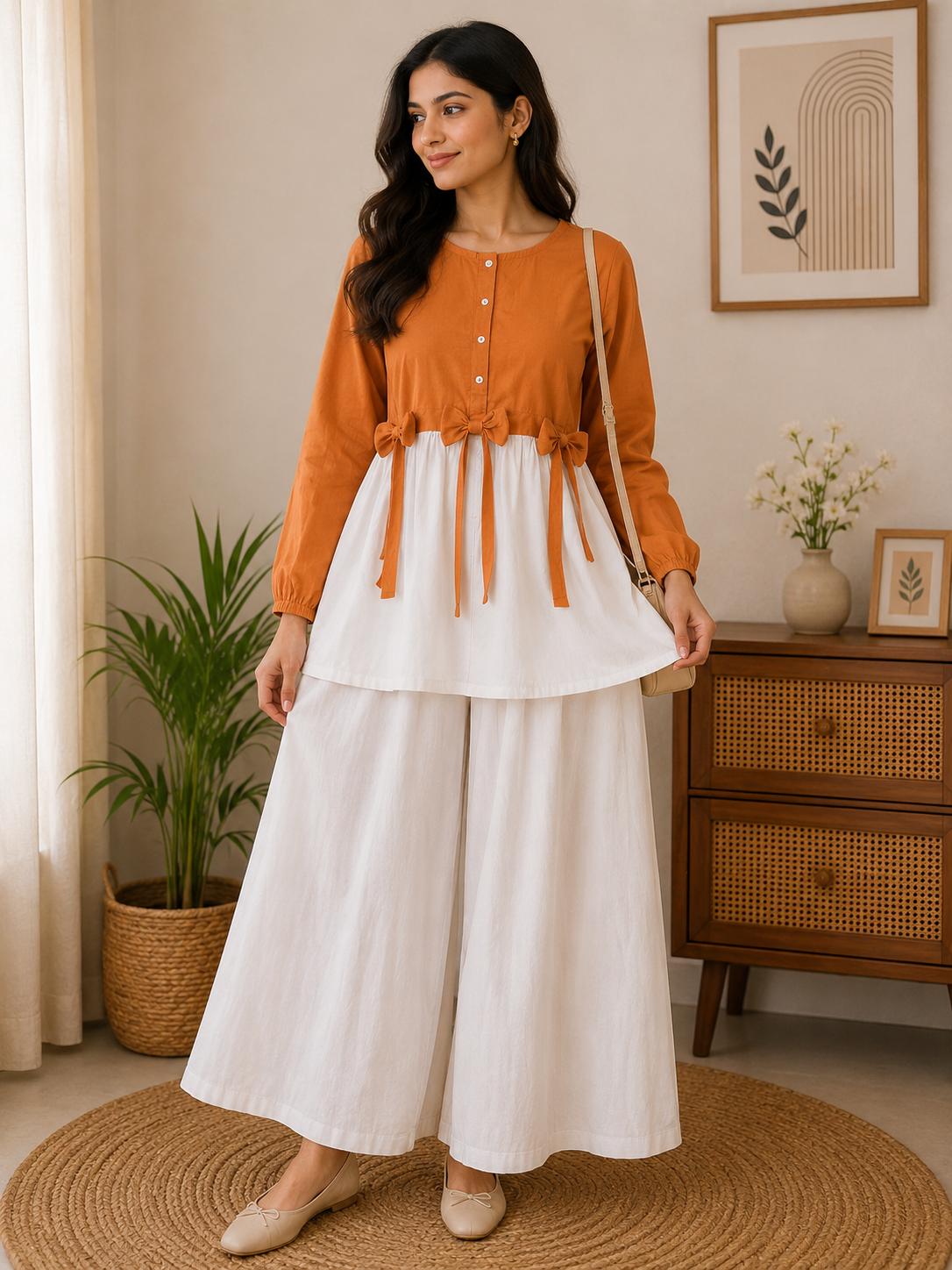 Cotton Airline Frock Shirt with Front Bow & Flapper 2-Piece Set
