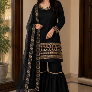 Embroidered Short Shirt Garara Set with Organza Dupatta – 3 Piece