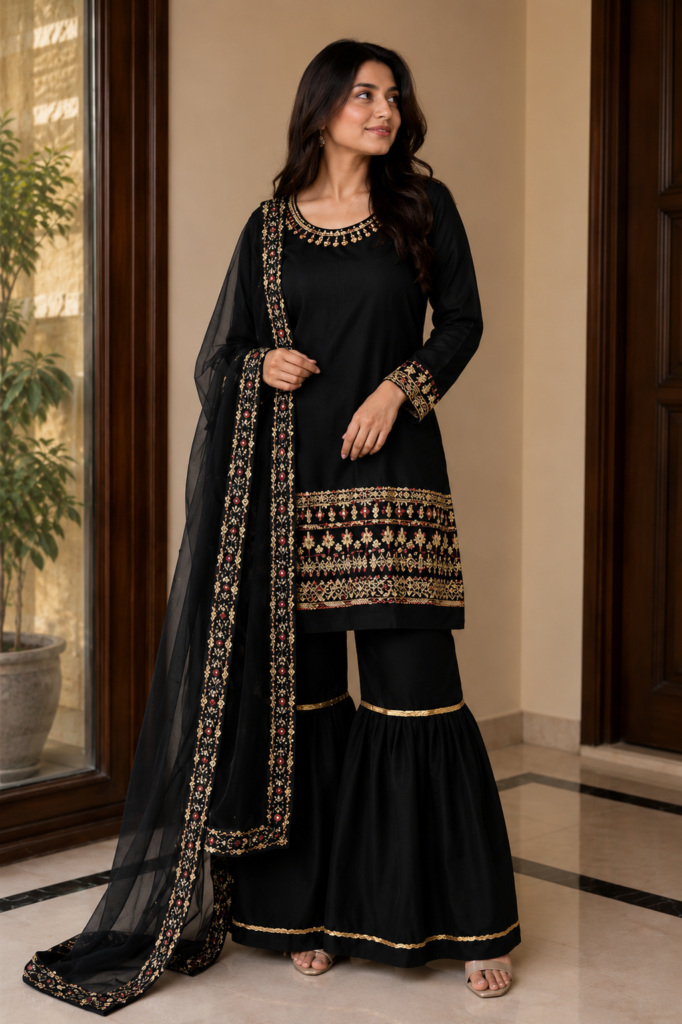 Embroidered Short Shirt Garara Set with Organza Dupatta – 3 Piece