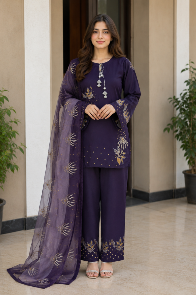 Royal Plum Heavy Sequin Embroidered 3-Piece Suit