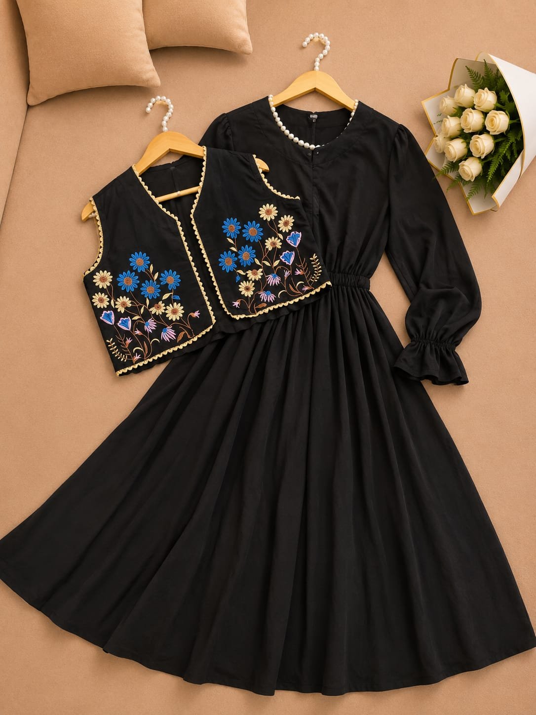 Floral Embroidered Layered Midi Dress Set - Image 7