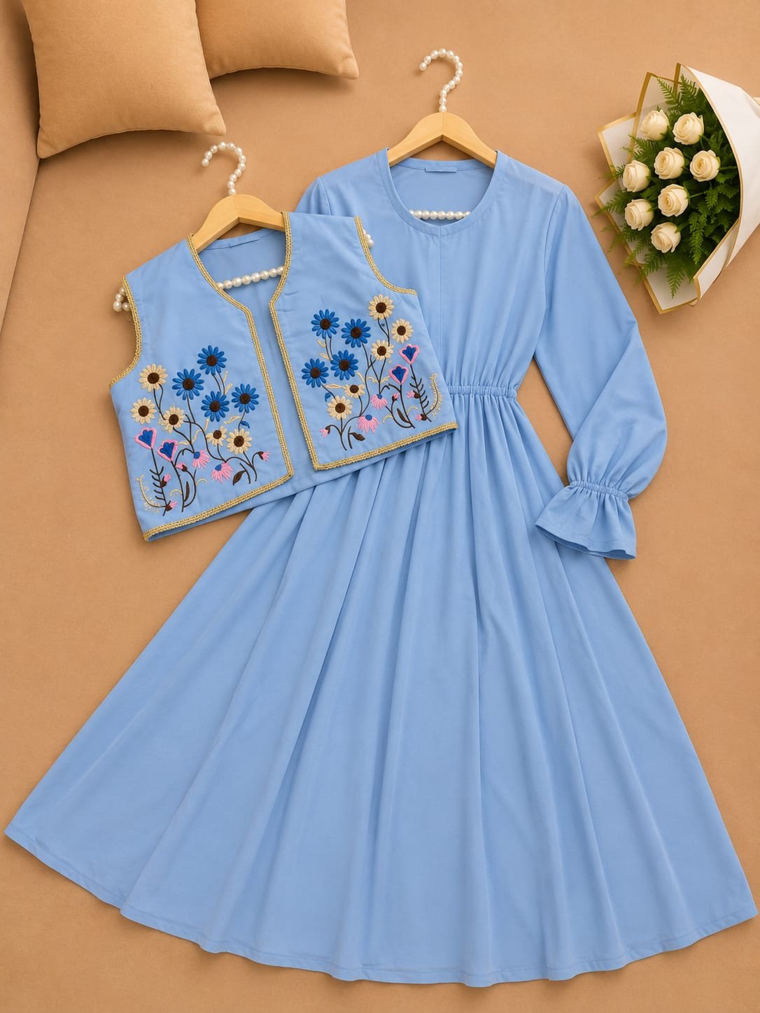 Floral Embroidered Layered Midi Dress Set - Image 8