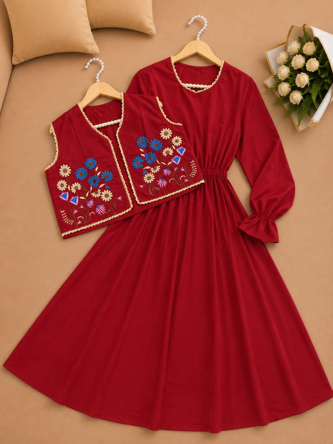 Floral Embroidered Layered Midi Dress Set - Image 6